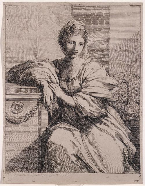 A sketch of a woman sitting, with a peacock in the background