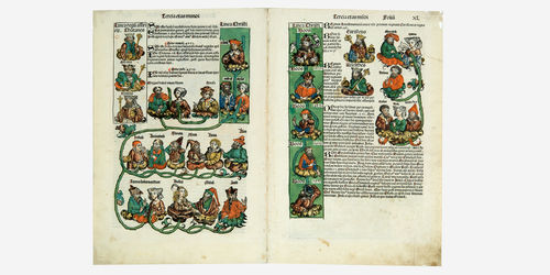 An ancient text book illustrated with hieroglyphs and scenes of the afterlife