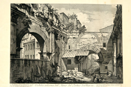 An old sketch depicting a street scene with a historic building in the background