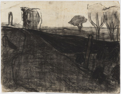 Black and white drawing of a landscape with sparse trees