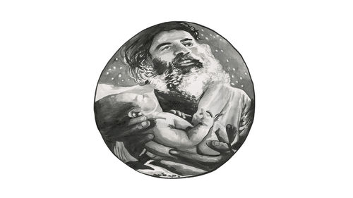 Drawing in a circle of a bearded man holding a baby