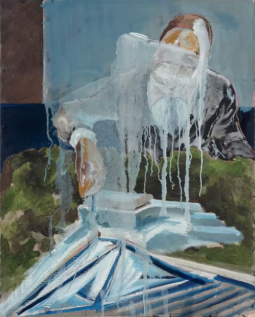 A painting of a man reaching out his hand toward an architectural model