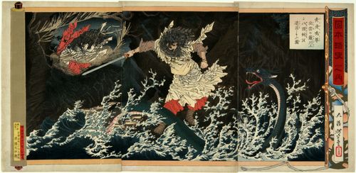 A warrior with a swords fights a large sea serpent amidst rocky ocean waves