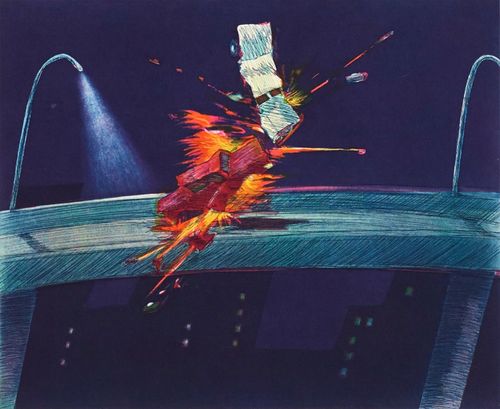 Two cars in a fiery collision on a bridge lit by streetlamps