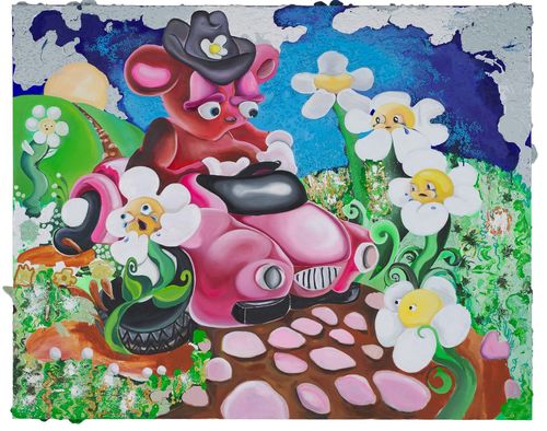 Brightly colored painting of a sad teddy bear riding a car along a road