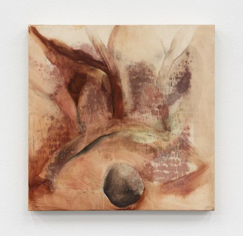 Abstract painting in peach, red, and orange tones