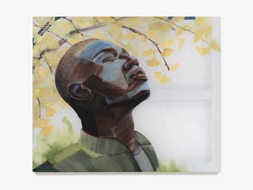 Expressive painting of a Black man, face turned toward the sun, in front of a gingko tree with yellow leaves