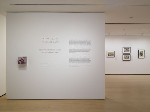 A white gallery wall with text introduction to Rising Sun, Falling Rain