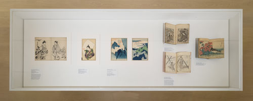 Works on paper installed inside a vitrine