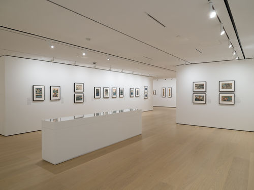 Gallery with works on paper installed on walls and inside a vitrine