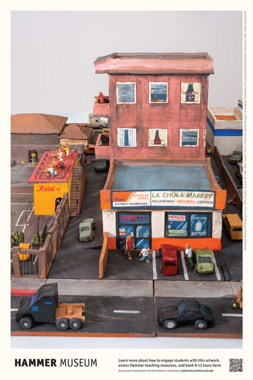 City scene rendered in clay with people, cars, Rita's restaurant, La Chula Market