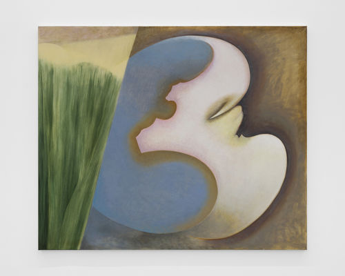 Abstract painting with soft-hued blue, white, green, and brown shapes