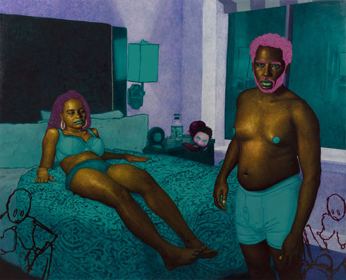 A Black woman lays on a bed, and a black man stands at the foot of the bed, both in their underwear, in a room tinted turquoise