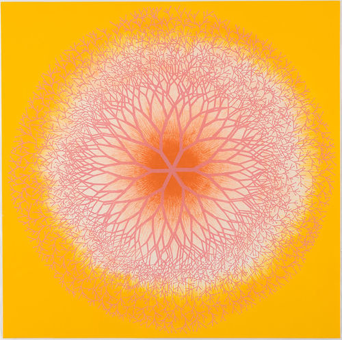 Bright, spirographic image in orange on a tellow background