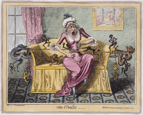 Caricature of an elderly woman sitting on a satin sofa, her waist being cinched tightly by ropes held by demons on both sides