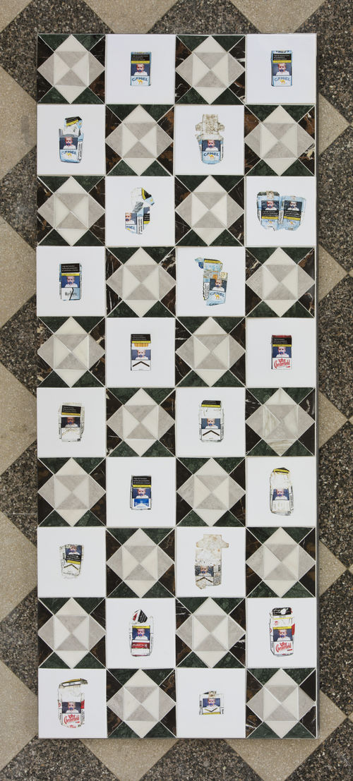 Geometric tiles decorated with cigarette packs with pictures of a baby smoking a cigarette on them