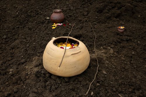 Three earthen pots, filled with flower petals with a twig laying across the top, on a bed of soil