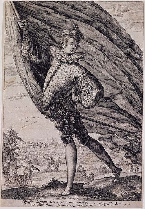 A figure in fancy garb holding a large flag aloft