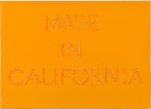 Words on an orange background, rendered as though written in liquid, reading "MADE IN CALIFORNIA"