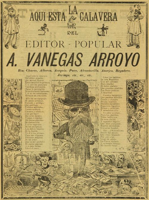 Poster with drawing of a skeleton with a long beard and bowler hat, surrounded by text about the editor A. Vanegas Arroyo