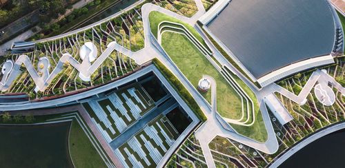 Aerial view of a green roof garden