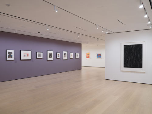 Gallery with framed works on paper mounted on the wall