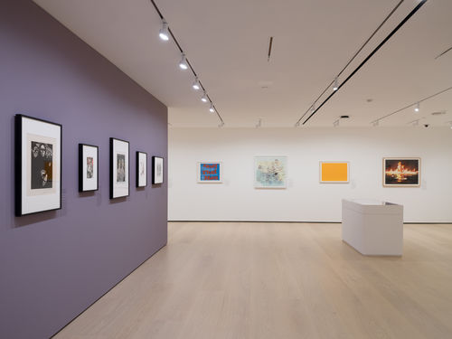 Gallery with works on paper installed on the wall and in a vitrine