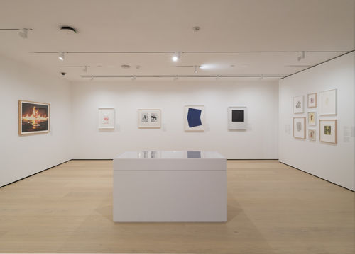 Gallery with works on paper installed on the wall and in a vitrine