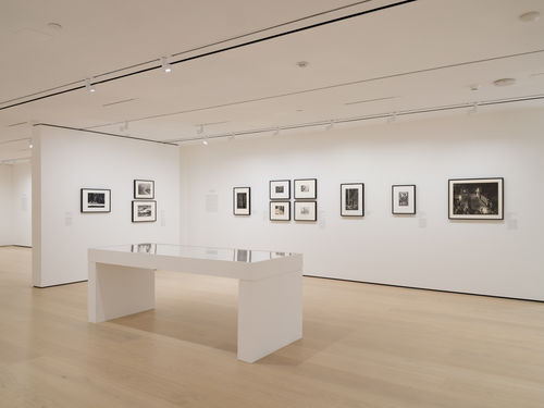 Gallery with works on paper installed on the wall and in a vitrine