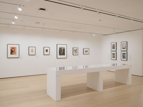 Gallery with works on paper installed on the wall and in a vitrine