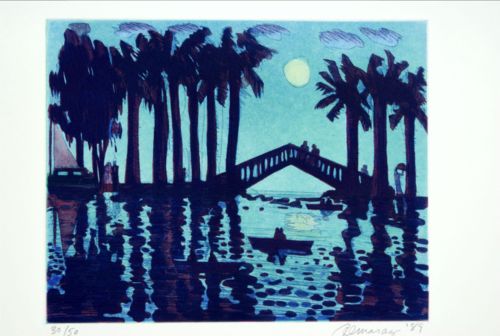 silhouette of palm trees and bridge against a dark blue sky, water, and moon