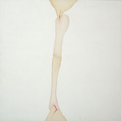 Minimal painting with a slender figure down the middle resembling a bone