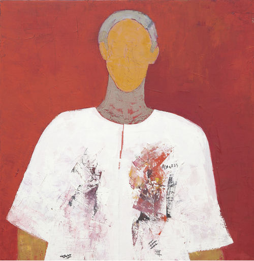 Faceless figure in a paint-streaked white smock