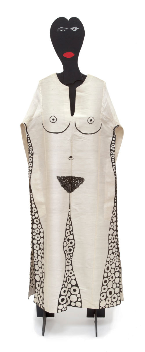 Mannequin wearing a caftan painted to resemble a nude woman's body
