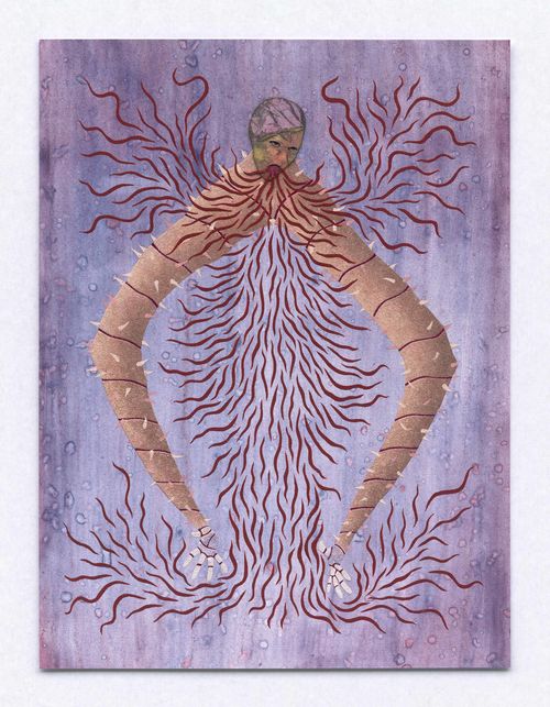 A disembodied head emits a column or red, snakelike forms