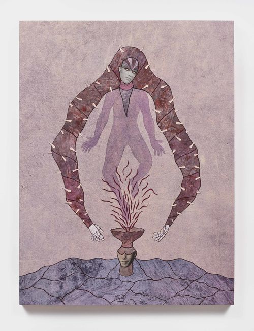 A figure with long, spiked hair stands with feet in a fiery urn
