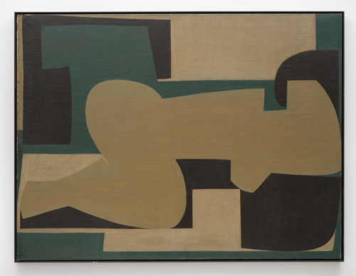 Abstract painting in muted tones, with a horizontal figure at center