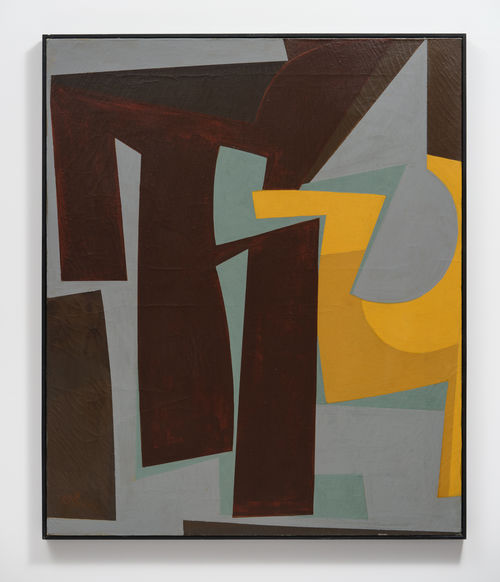 Abstract painting with a dark vertical figure