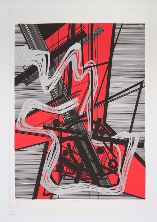 Abstract, geometric print with a bright orange background at center