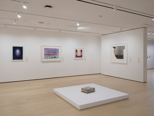 Gallery with works on paper installed on the wall and on a plinth