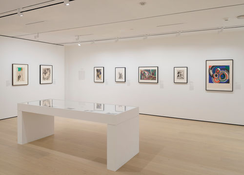Gallery with works on paper installed on the wall and in a vitrine