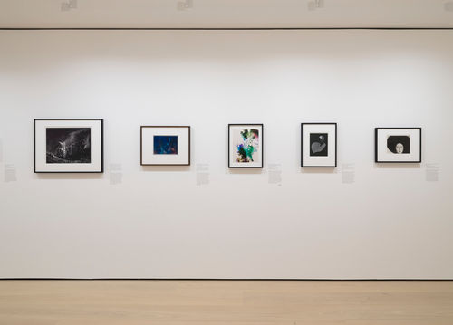Gallery with framed works on paper mounted on the wall