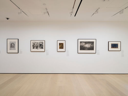 Gallery with framed works on paper mounted on the wall
