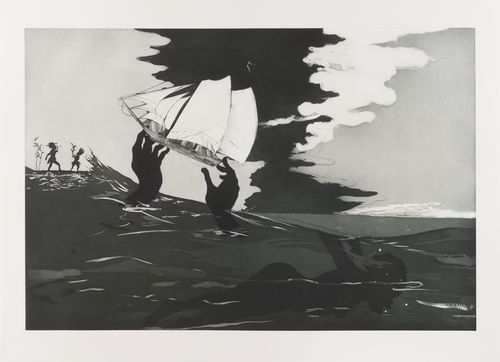 Black and white drawing of a ship being held above the ocean waves by a huge pair of hands