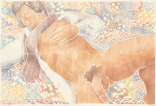 Soft depiction of a man with light skin, brown hair, and a mustache in repose, his white shirt open and his penis visible. Behind or beneath him, a patchwork of different designs