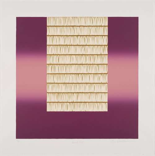 Square print in purple and pink-toned horizontal stripes, interrupted by a rectangle in drab green with white vertical marks 