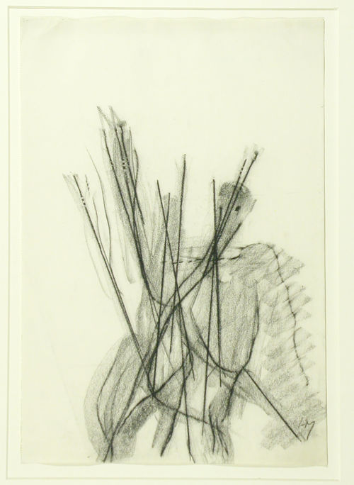 Chalk drawing of a shadowy figure behind a composition of vertical lines