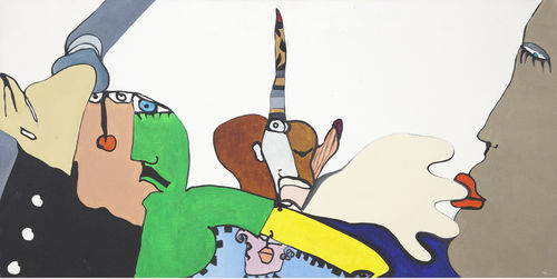 Painting featuring many colorful abstract faces on a white background