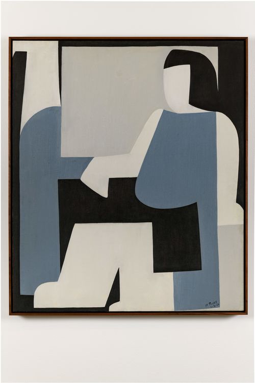 An abstract painting depicts a figure composed of flat, geometric shapes in black, white, light gray, and muted blue.