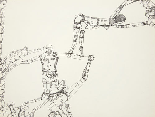 A black ink line drawing depicts interconnected human figures in acrobatic poses, their bodies of the figures are composed of many smaller faces.